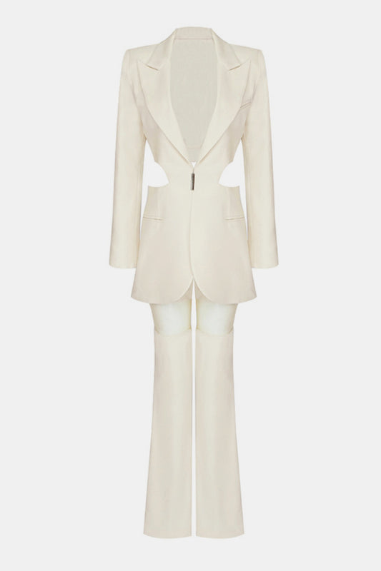Cutout Blazer and Spliced Mesh Pants Set