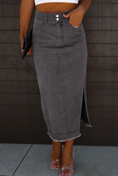 Raw Hem Slit Pocketed Midi Denim Skirt