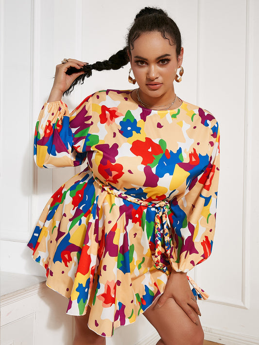 Plus Size Printed Mini Dress with Braided Belt - White Stag Clothing