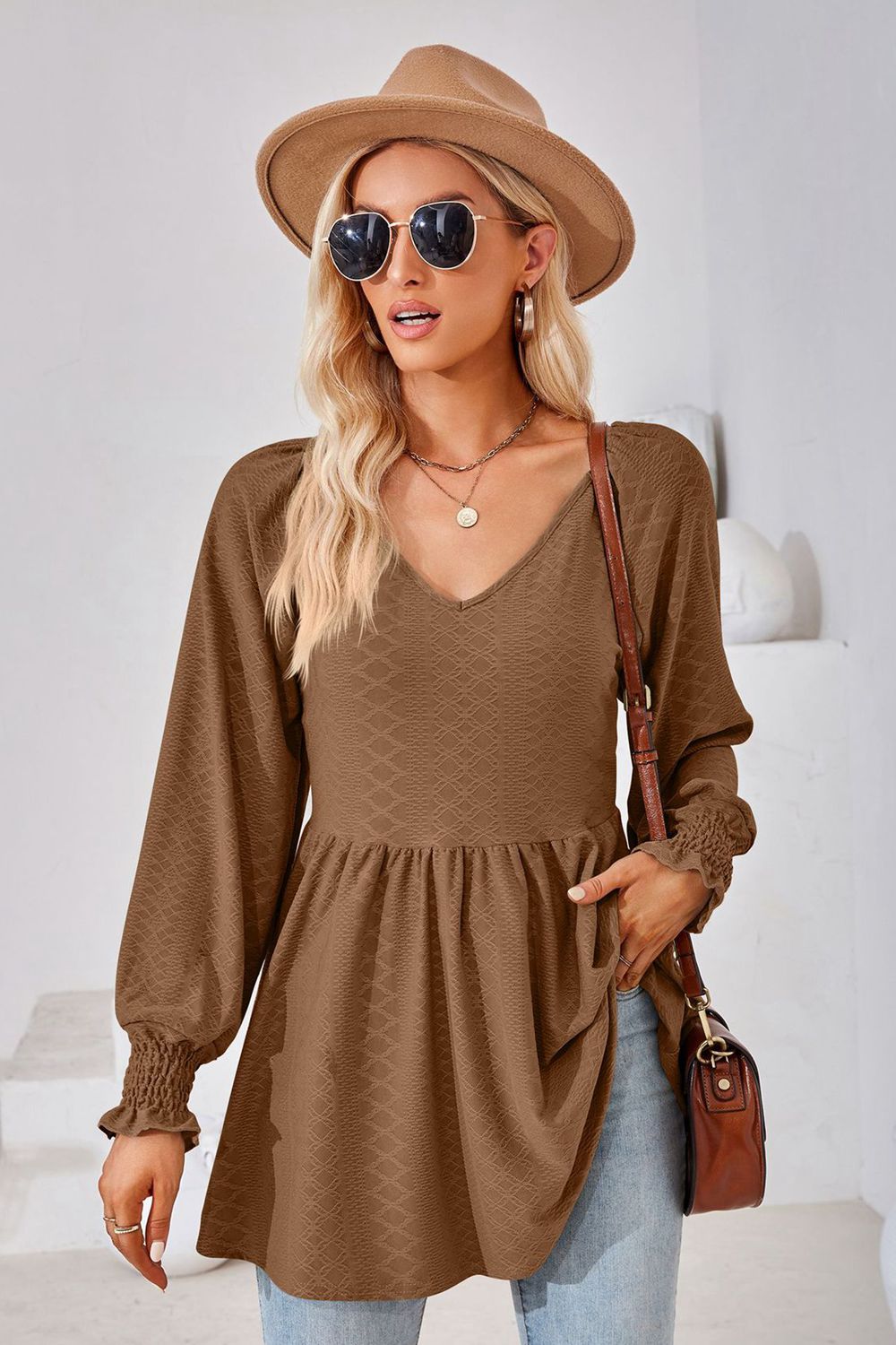 V-Neck Lantern Sleeve Blouse