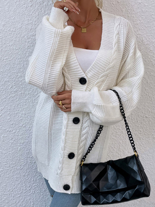 Cable-Knit Button Down Ribbed Trim Cardigan - White Stag Clothing
