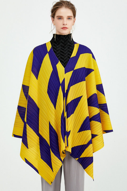 Two-Tone Accordion Pleated Slit V-Neck Poncho - White Stag Clothing