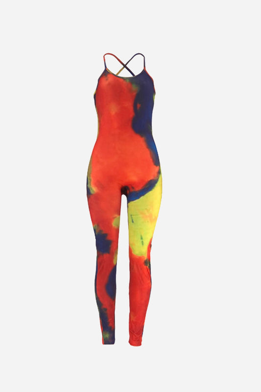Tie-Dye Crisscross Back Spaghetti Strap Jumpsuit - White Stag Clothing