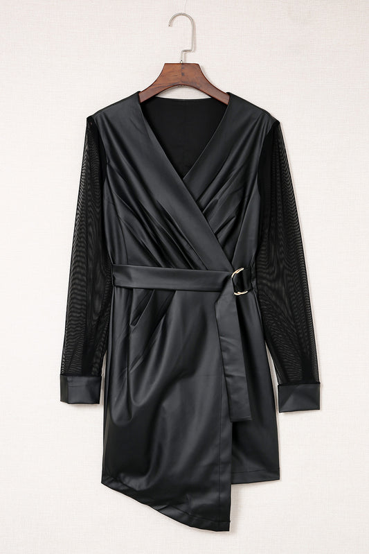Belted Mesh Sleeve Asymmetrical Surplice Dress