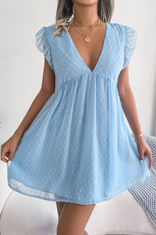 Swiss Dot Deep V Ruffle Shoulder Mini Dress - White Stag Clothing