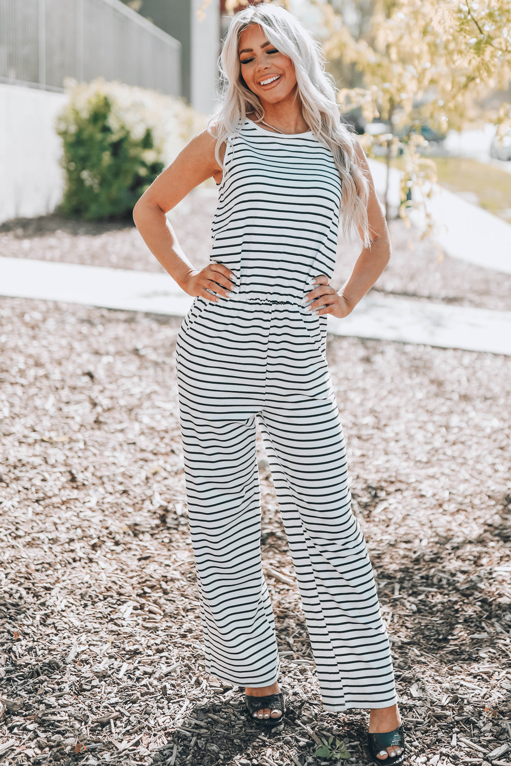 Striped Sleeveless Jumpsuit with Pockets - White Stag Clothing