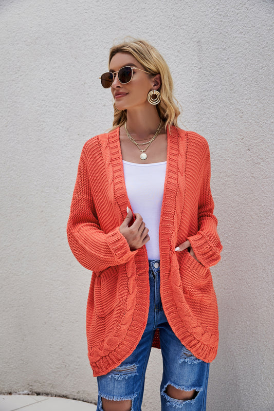Cable-Knit Curved Hem Open Front Cardigan - White Stag Clothing
