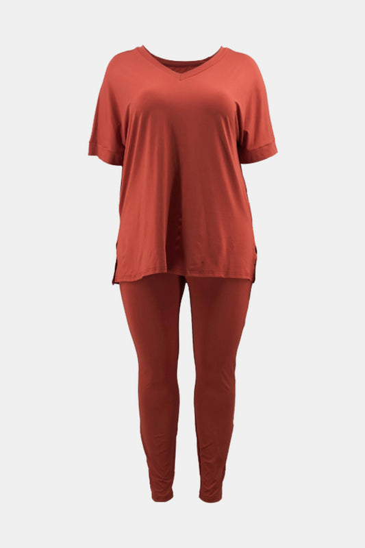 Plus Size V-Neck Slit Tee and Pants Set - White Stag Clothing