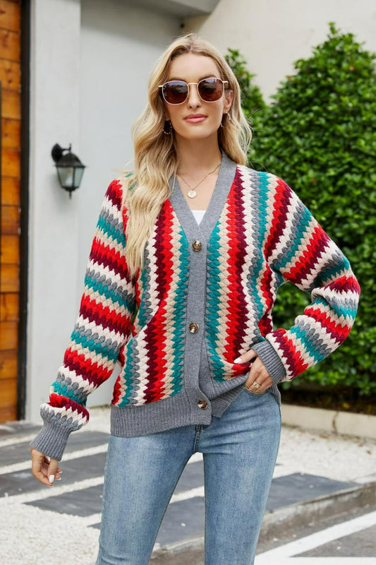 Striped Button Down V-Neck Cardigan - White Stag Clothing