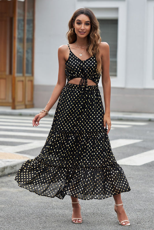 Polka Dot Cutout Spaghetti Strap Tiered Maxi Dress - White Stag Clothing