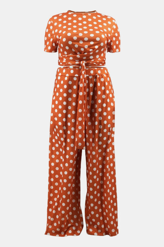 Plus Size Polka Dot Short Sleeve Top and Wide Leg Pants Set - White Stag Clothing