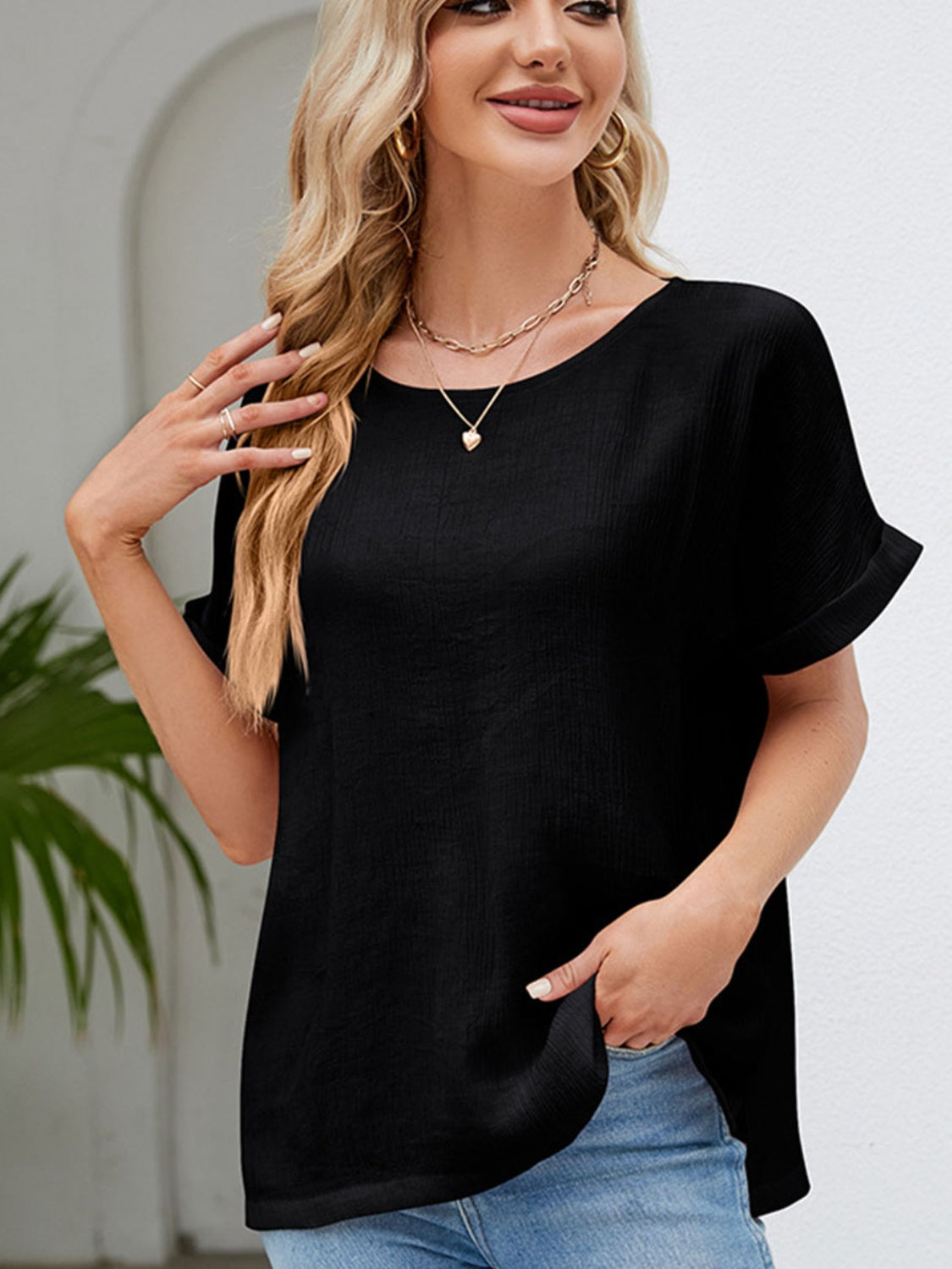 Round Neck Short Sleeve Blouse