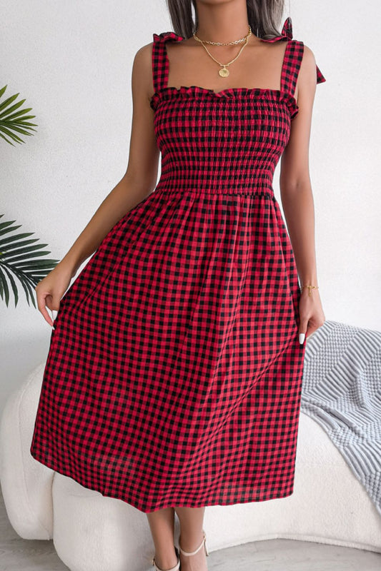 Plaid Tie Shoulder Frill Trim Midi Dress - White Stag Clothing
