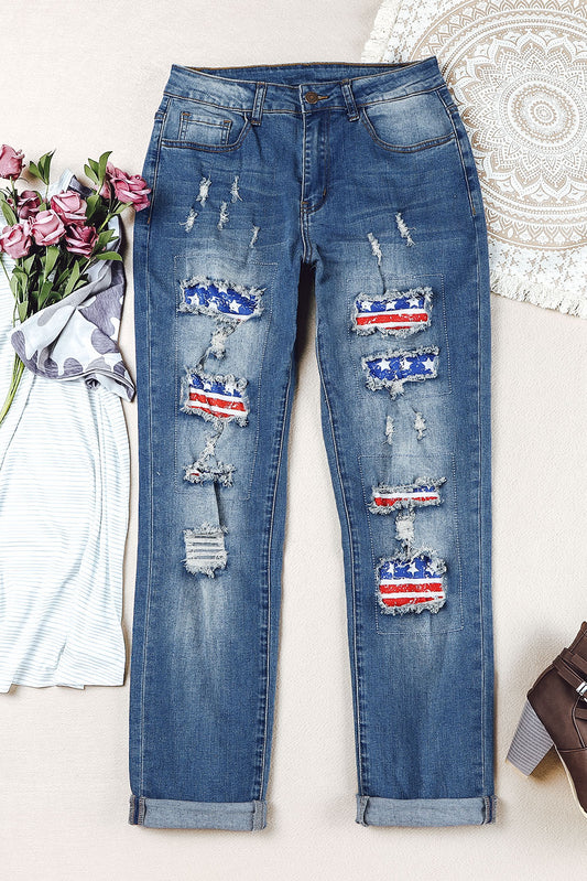 US Flag Patchwork Distressed Jeans - White Stag Clothing