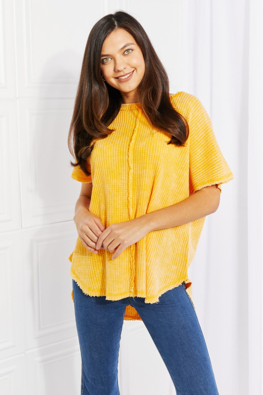 Start Small Washed Waffle Knit Top in Yellow Gold