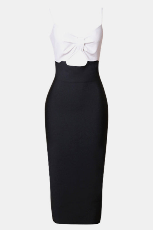 Two-Tone Gathered Detail Cutout Spaghetti Strap Bodycon Dress - White Stag Clothing