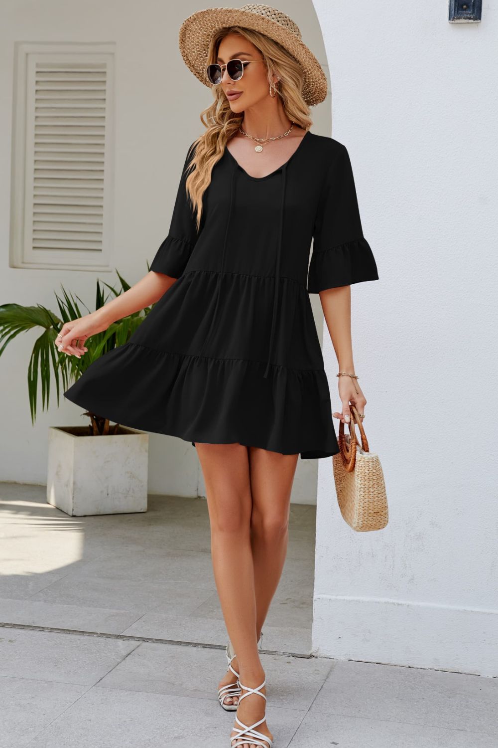 Tied Flounce Sleeve Mini Dress