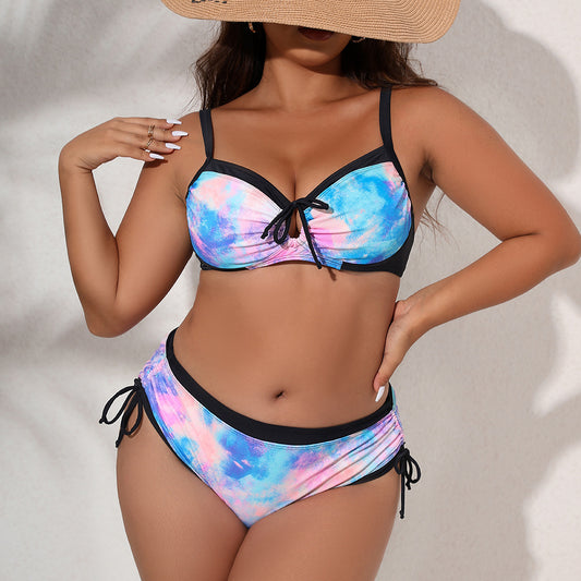Plus Size Tie-Dye Tied Contrast Trim Bikini Set - White Stag Clothing