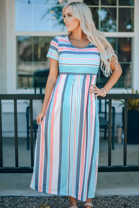 Striped Print High Waist Maxi Dress - White Stag Clothing