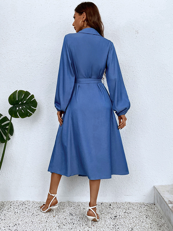 Button-Down Tie Waist Collared Neck Dress