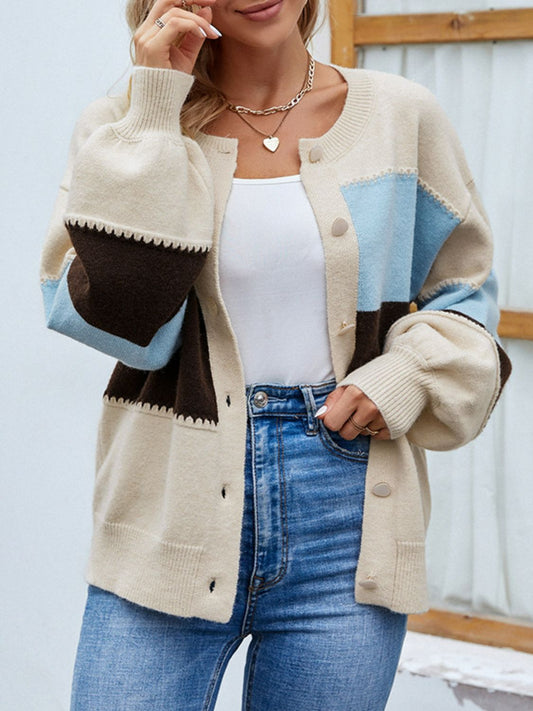 Color Block Lantern Sleeve Button Down Cardigan - White Stag Clothing