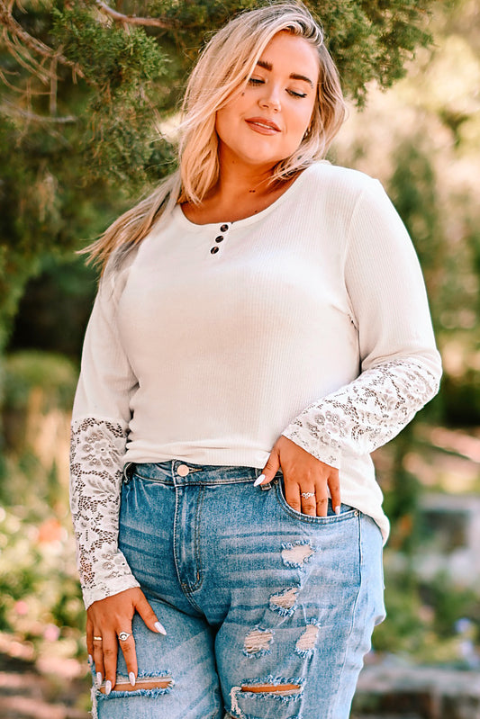 Plus Size Spliced Lace Ribbed Henley Top - White Stag Clothing