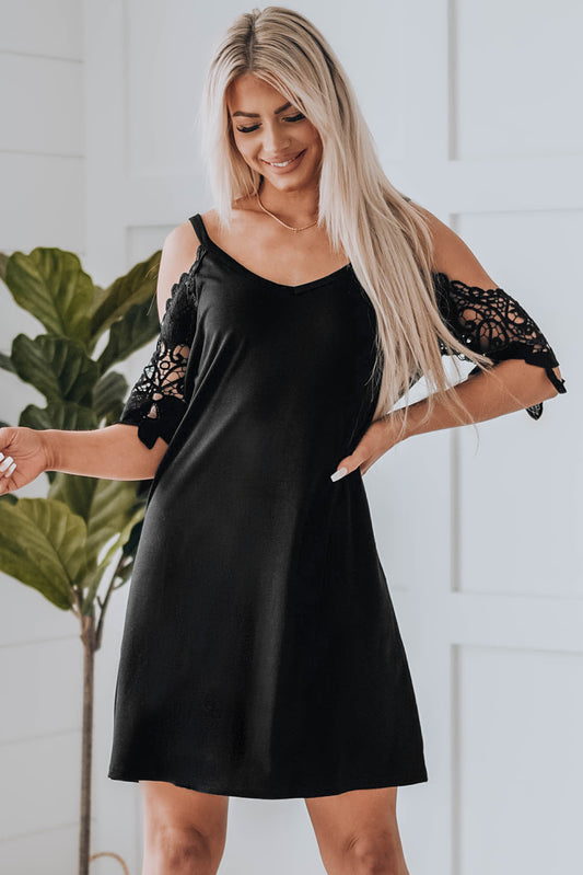 Spliced Lace Cold-Shoulder Mini Dress - White Stag Clothing
