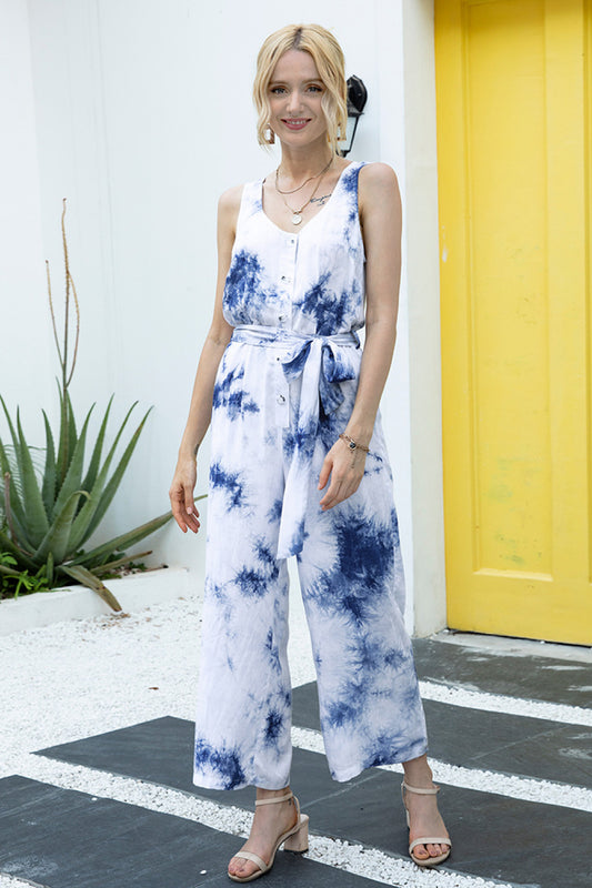 Tie-Dye Button Up Belt Jumpsuit - White Stag Clothing