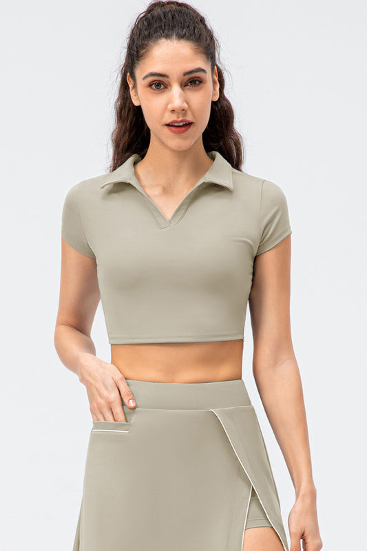 Cropped Short Sleeve Collared Yoga Top - White Stag Clothing