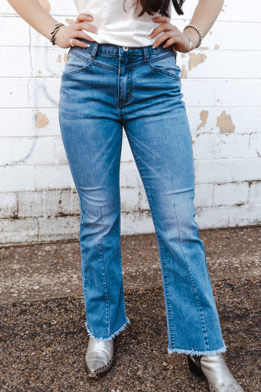 Seam Detail Raw Hem High Waist Flare Jeans - White Stag Clothing