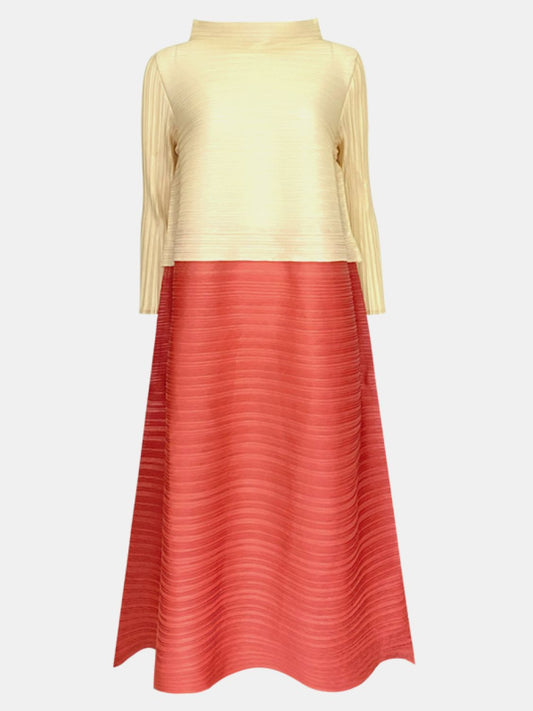 Two-Tone Accordion Pleated Three-Quarter Sleeve Midi Dress - White Stag Clothing