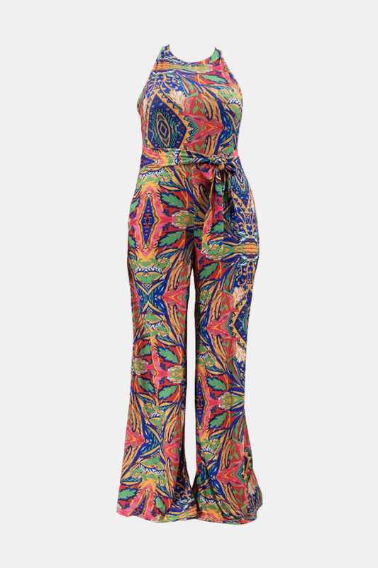 Plus Size Printed Tie Waist Jumpsuit with Pockets - White Stag Clothing