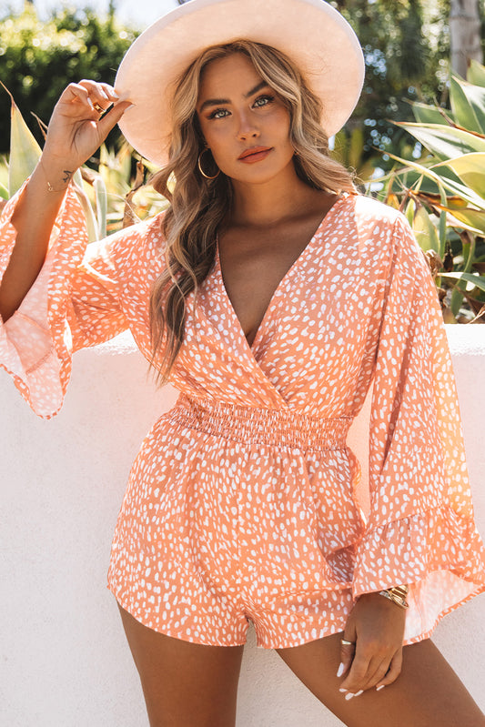 Printed Flare Sleeve Surplice Romper - White Stag Clothing