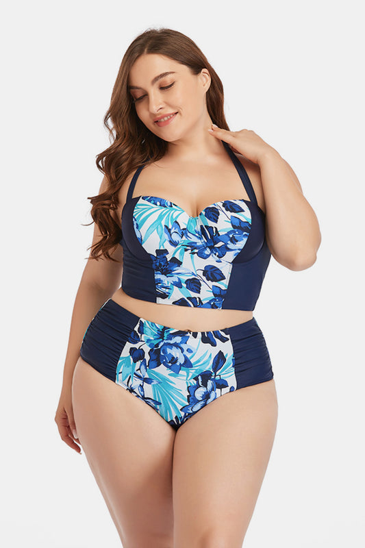 Plus Size Floral Lace-Up Halter Neck Bikini Set - White Stag Clothing
