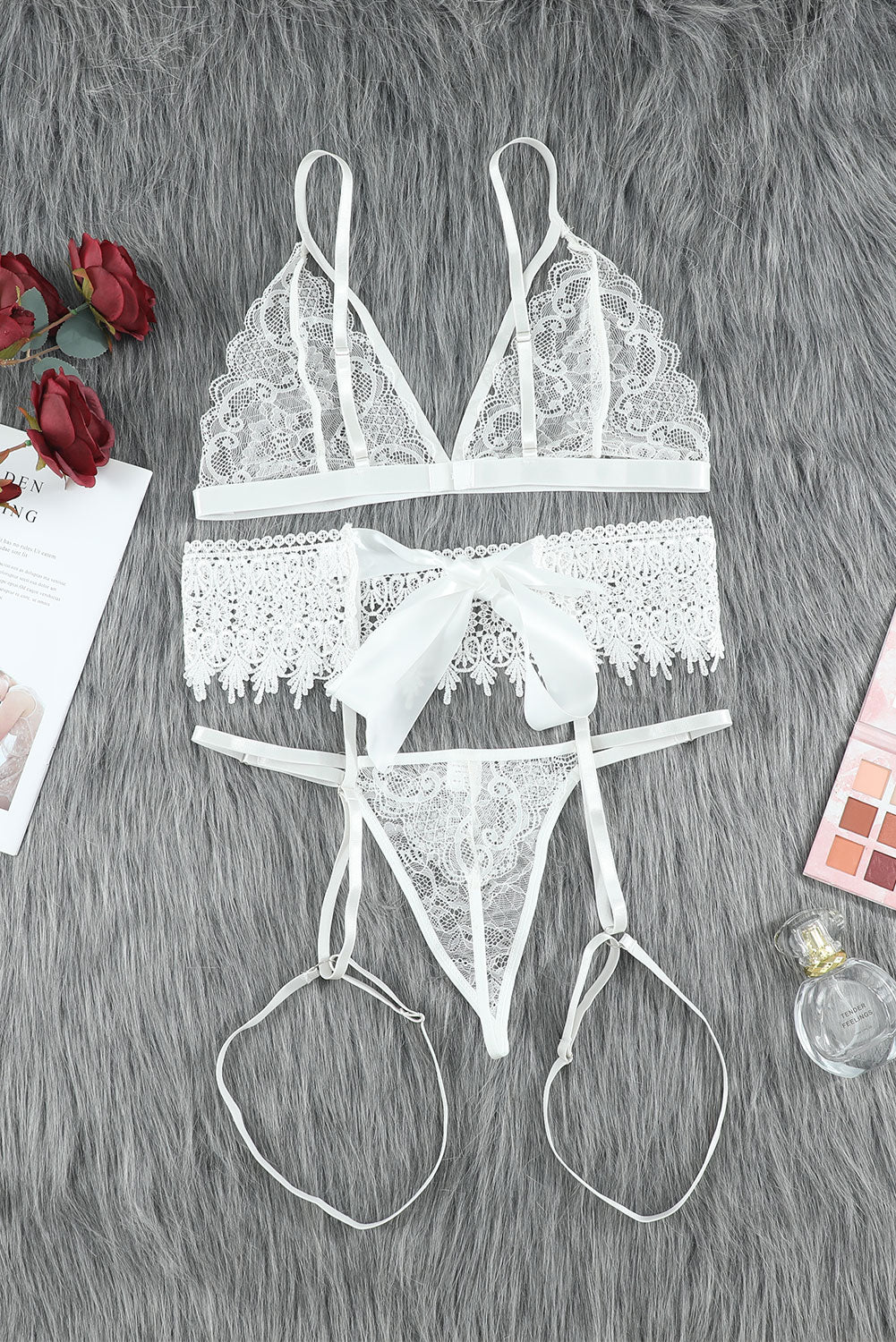 Lace Lingerie Three-Piece Set - White Stag Clothing