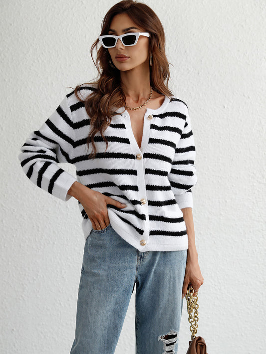 Striped Button Front Cardigan - White Stag Clothing