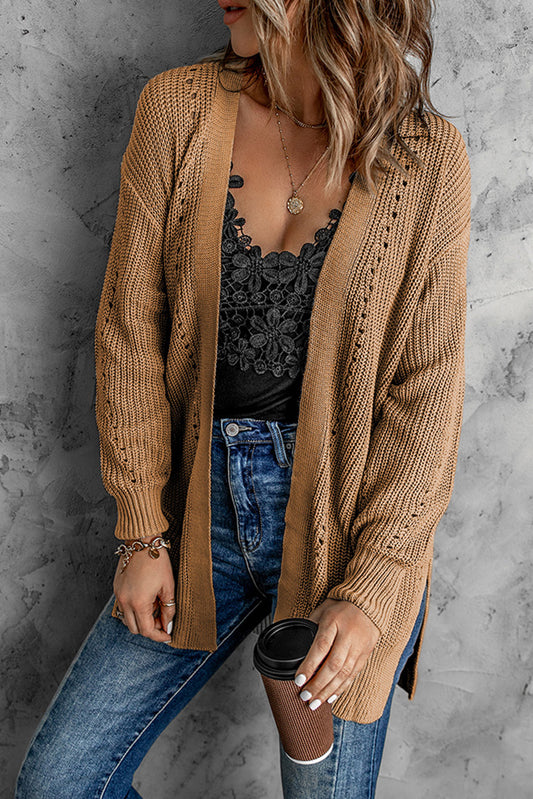 Openwork Rib-Knit Slit Cardigan