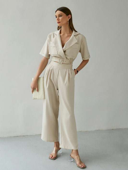 Belted Detail Cropped Blazer and Pants Set - White Stag Clothing