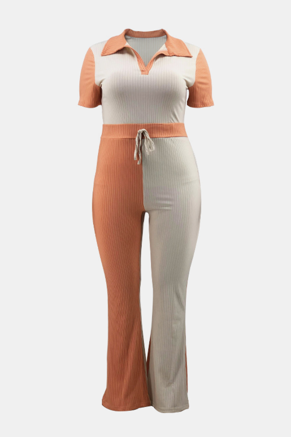 Plus Size Two-Tone Ribbed Top and Drawstring Pants Set - White Stag Clothing