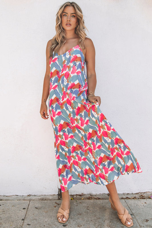 Printed Spaghetti Strap Deep V Maxi Dress - White Stag Clothing