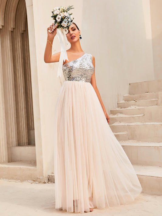 Two-Tone Sequin One-Shoulder Sleeveless Dress - White Stag Clothing