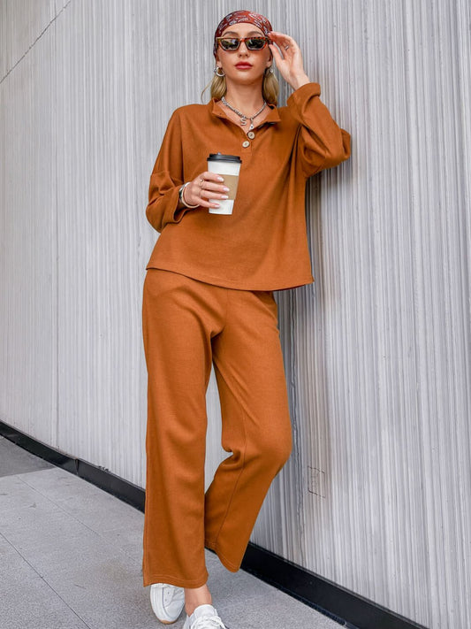 Quarter Button Side Slit Waffle Knit Top and Pants Set - White Stag Clothing