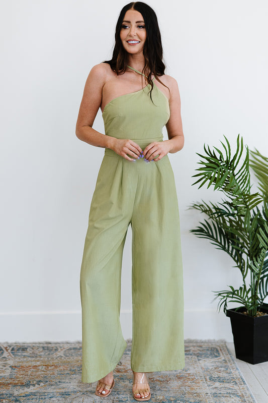 Spaghetti Strap One-shoulder Wide Leg Jumpsuit - White Stag Clothing