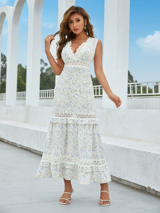 Printed Lace Detail Tiered Maxi Dress - White Stag Clothing