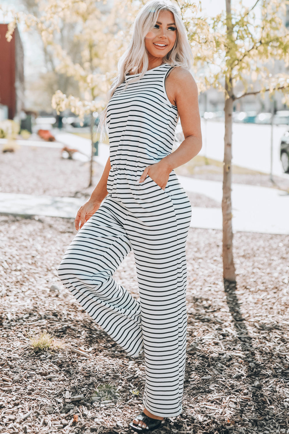 Striped Sleeveless Jumpsuit with Pockets - White Stag Clothing