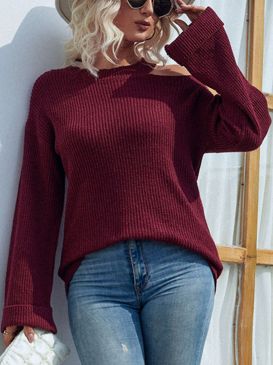 Rib-Knit Cutout Flare Sleeve Sweater - White Stag Clothing