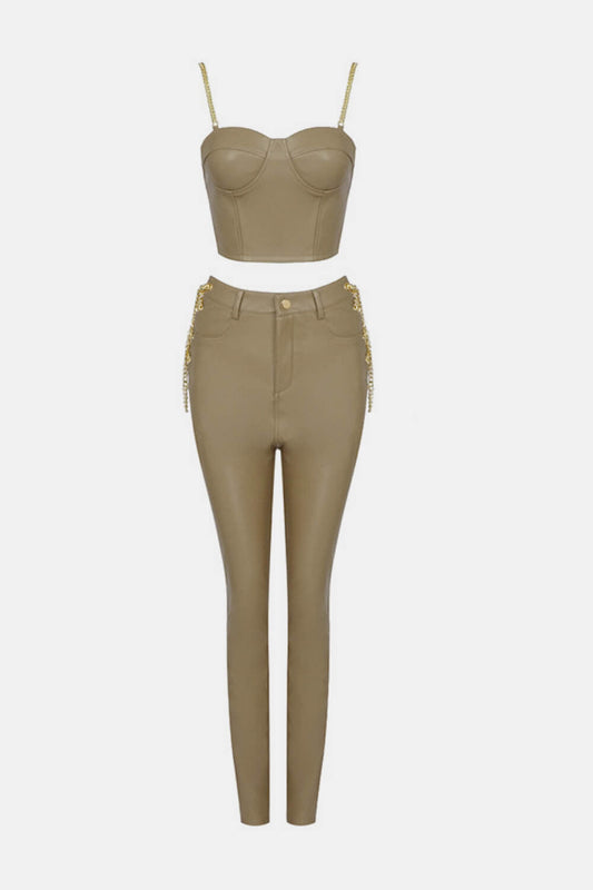 PU Leather Chain Detail Top and Lace-Up Pants Set - White Stag Clothing