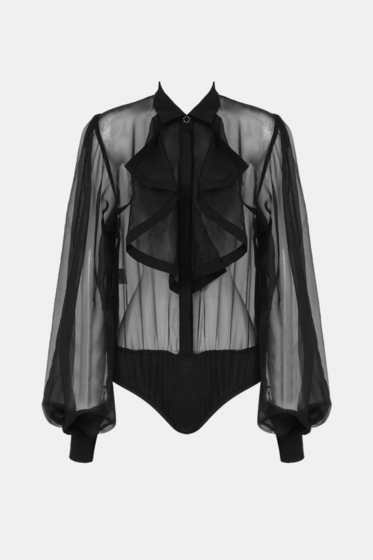 Bishop Sleeve Collared Sheer Bodysuit - White Stag Clothing