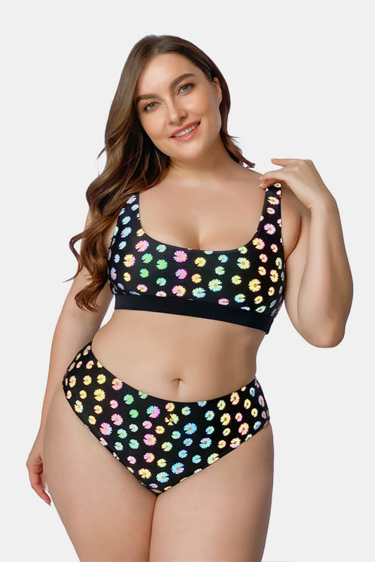 Plus Size Daisy Print Color-Changing Scoop Neck Bikini Set - White Stag Clothing
