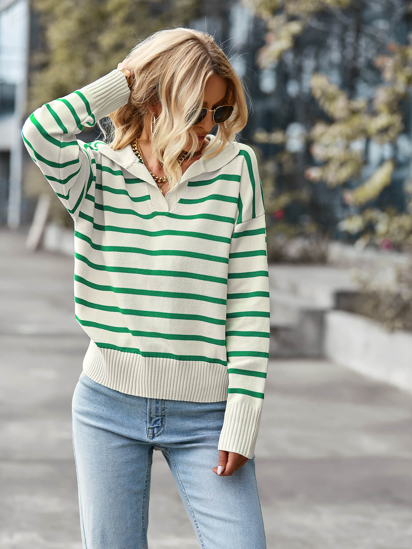 Striped Ribbed Trim Collared Knit Sweater - White Stag Clothing